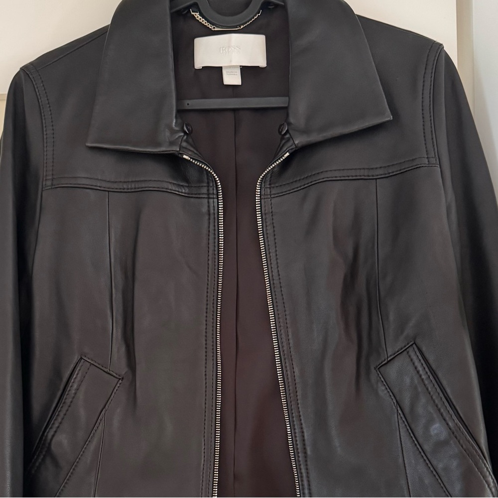 BOSS Black Leather Jacket with Brushed Silver Chain Detail